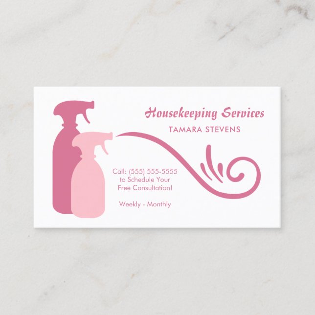 Chic Pink Spray Bottles Housekeeping Services Business Card (Front)