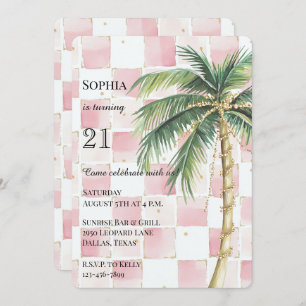 Chic Pink Squares Gold Palm Tree birthday Invitation