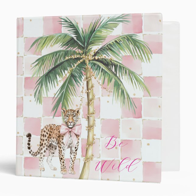Chic Pink Squares Gold Palm Tree Leopard 3 Ring Binder (Front/Inside)