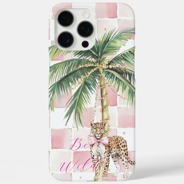 Chic Pink Squares Gold Palm Tree Leopard Case-Mate iPhone Case (Back)