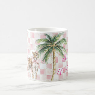 Chic Pink Squares Gold Palm Tree Leopard Coffee Mug