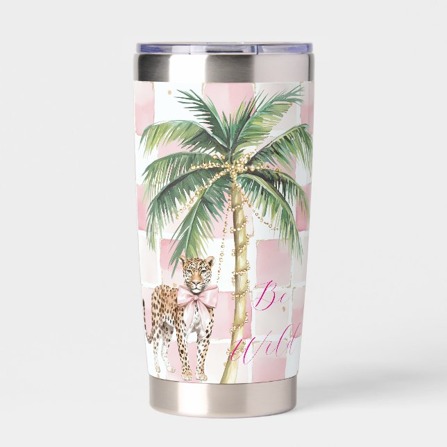 Chic Pink Squares Gold Palm Tree Leopard Insulated Tumbler (Front)