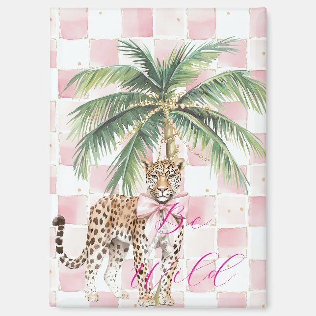 Chic Pink Squares Gold Palm Tree Leopard Magnet (Front)