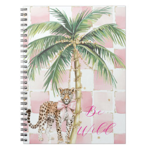 Chic Pink Squares Gold Palm Tree Leopard Notebook