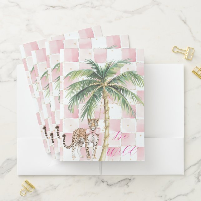 Chic Pink Squares Gold Palm Tree Leopard Pocket Folder (In Situ)