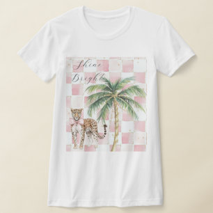 Chic Pink Squares Gold Palm Tree Leopard T-Shirt