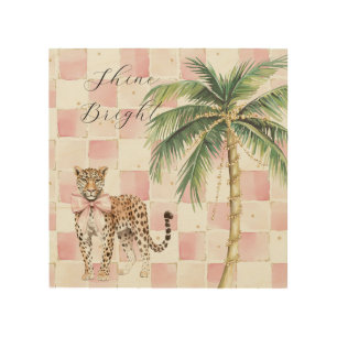 Chic Pink Squares Gold Palm Tree Wood Wall Art