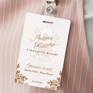 Chic Pink Stripe Cupcake Bakery Business Employee Badge