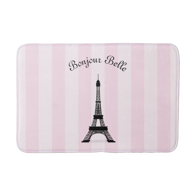 Chic Pink Stripe Paris Eiffel Tower in French Bathroom Mat (Front)