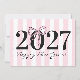 Chic Pink Striped Bow 2027 New Year Greeting Card