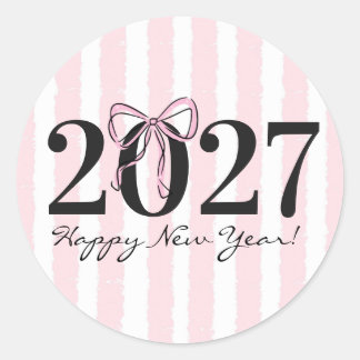 Chic Pink Striped Bow 2027 New Year Party Cute Classic Round Sticker