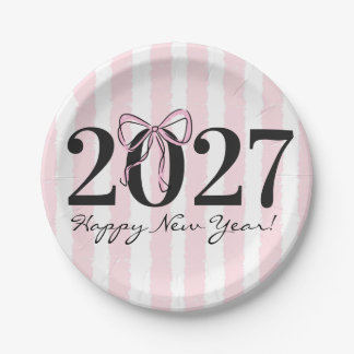 Chic Pink Striped Bow 2027 New Year Party Paper Plates