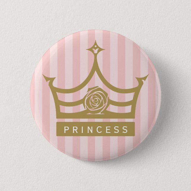 Chic Pink Stripes and Gold Rose Princess Crown Button (Front)