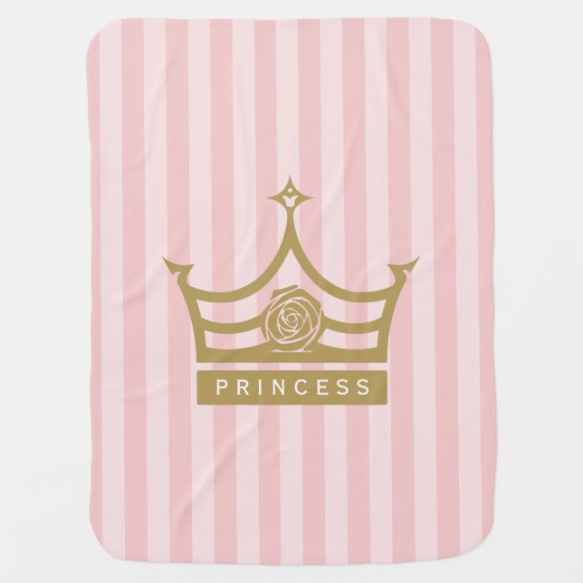 Chic Pink Stripes and Gold Rose Princess Crown Swaddle Blanket (Front)