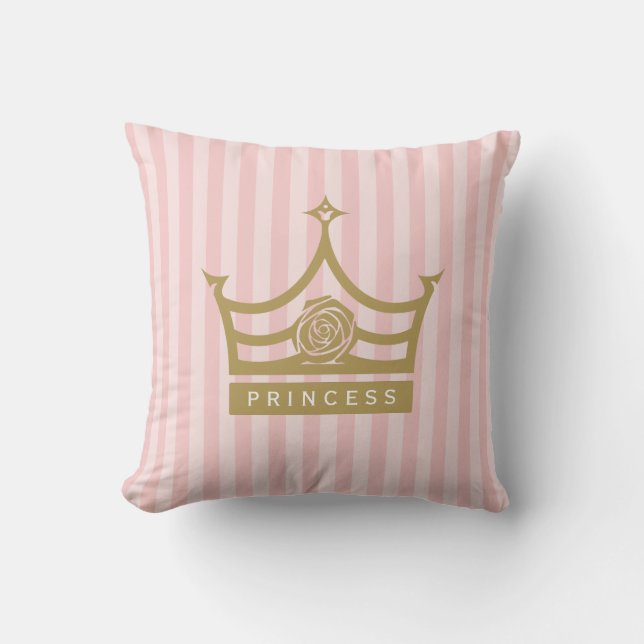 Chic Pink Stripes and Gold Rose Princess Crown Throw Pillow (Front)
