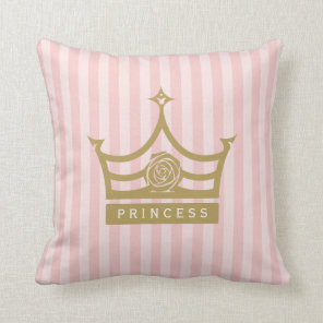 Chic Pink Stripes and Gold Rose Princess Crown Throw Pillow