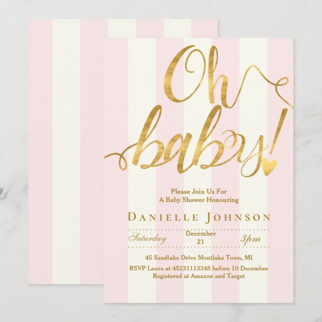 Chic pink stripes & gold foil baby shower invitation (Front/Back)