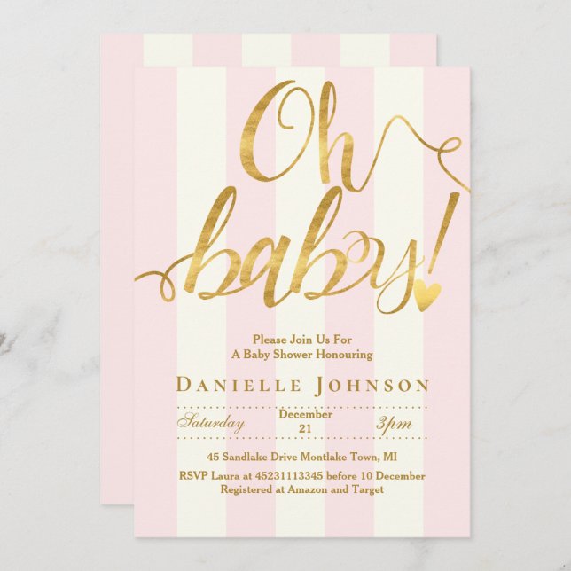 Chic pink stripes & gold foil baby shower invitation (Front/Back)