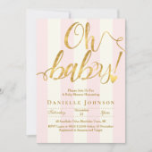 Chic pink stripes & gold foil baby shower invitation (Front)