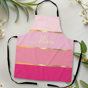 chic pink stripes gold Name Apron