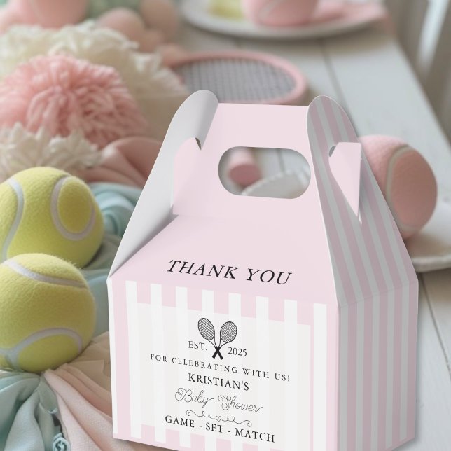 Chic Pink Stripes Tennis Baby Shower Thank You  Favor Boxes (pink stripes tennis theme baby shower thank you favor boxes that close with elegant chic modern era)