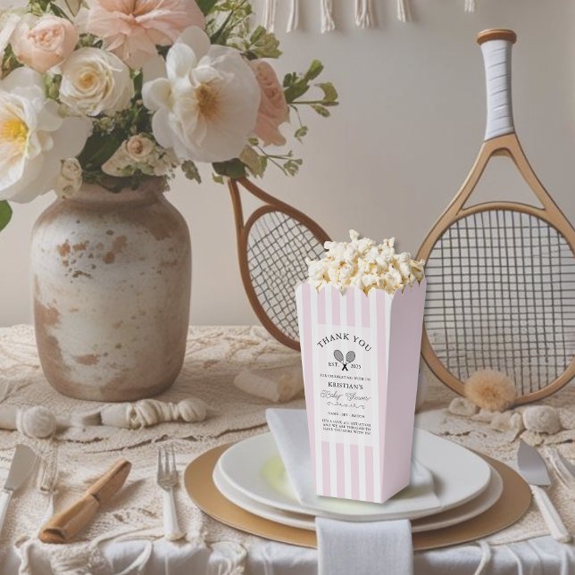 Chic Pink Stripes Tennis Thank You Baby Shower Favor Boxes (elegant pink stripes popcorn favor boxes for tennis theme baby shower at chic country club events)