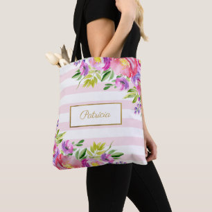Chic Pink Stripes Watercolor Floral Tote Bag