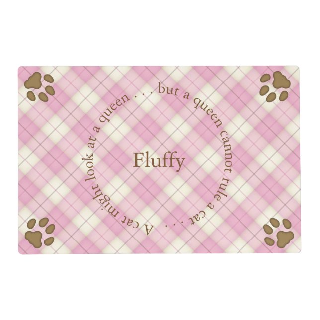 Chic Pink Tartan Personalized Name & Message Cat Placemat (Front)