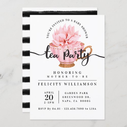 Chic Pink Teacup Tea Party Baby Shower Invitation