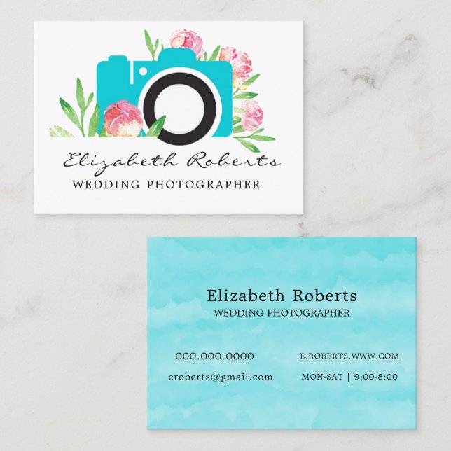 Chic Pink Teal Floral Camera Wedding Photographer  Business Card (Front/Back)