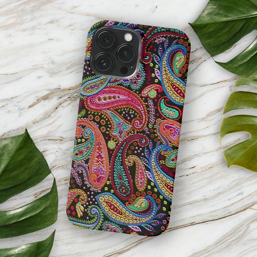Chic Pink Turquoise Blue Green Arabic Paisley Art iPhone 15 Pro Max Case