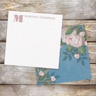 Chic Pink Vintage Rose Floral Elegant Flower Blue Note Card