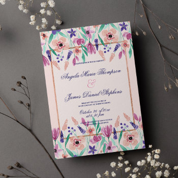 Chic Pink Violet Green Watercolor Floral Wedding Invitation by kicksdesign at Zazzle