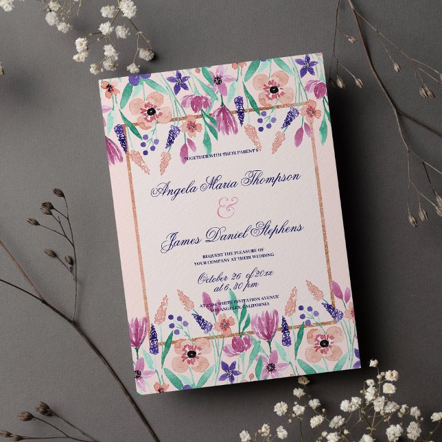 Chic pink violet green watercolor floral wedding invitation (Chic pink violet green watercolor floral wedding)