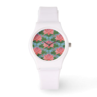 Chic Pink Water Lilies and Dragonflies Wristwatch