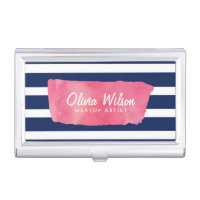 Chic Pink Watercolor and Blue Stripes Case For Business Cards