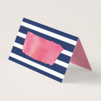 Chic Pink Watercolor and Blue Stripes Place Card