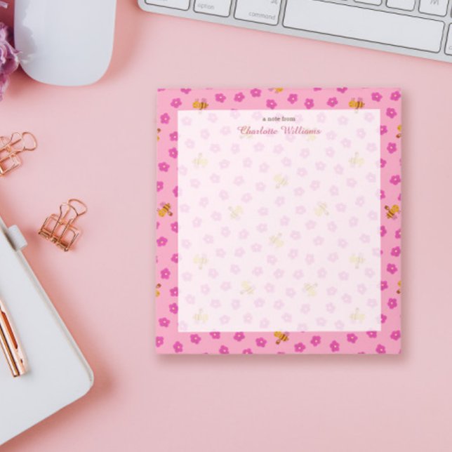 Chic Pink Watercolor Bee & Flowers Pattern Name Notepad (Creator Uploaded)