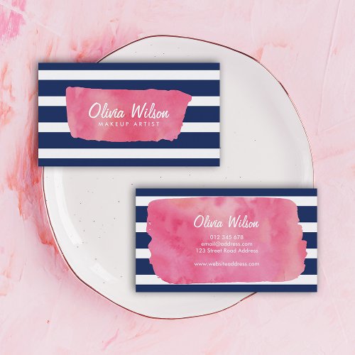 Chic Pink Watercolor Blue Stripes Makeup Artist Business Card