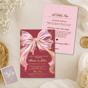 Chic Pink Watercolor Bow Baby Shower All-in-One Foil Invitation