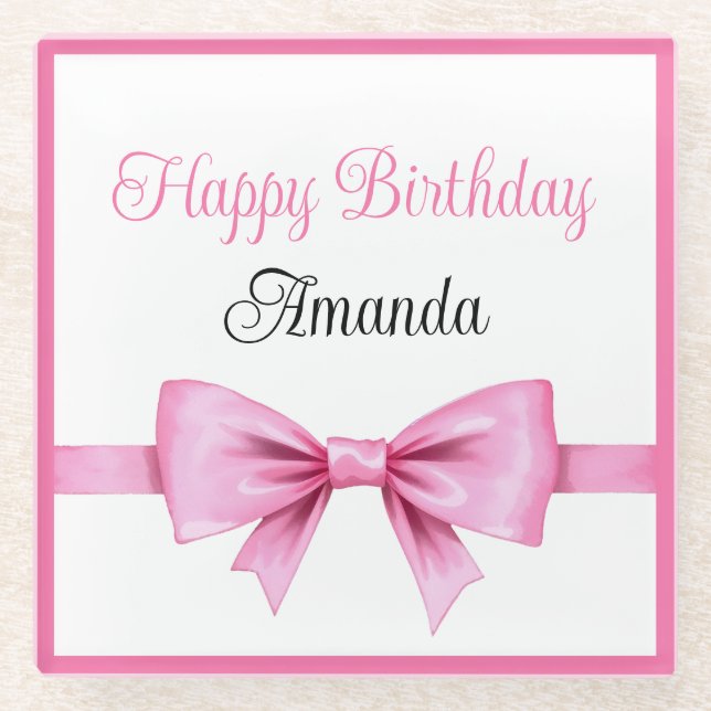 Chic Pink Watercolor Bow Sweet 16 Birthday Glass Coaster (Front)