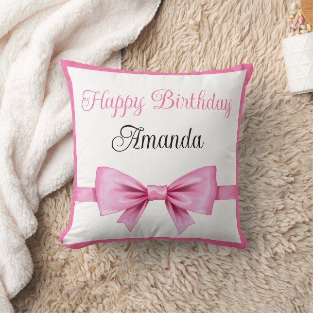 Chic Pink Watercolor Bow Sweet 16 Birthday Throw Pillow (Blanket)