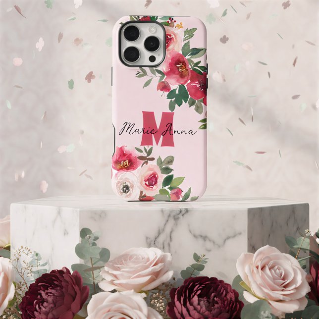Chic Pink Watercolor Burgundy Floral Custom Name iPhone Case (Creator Uploaded)