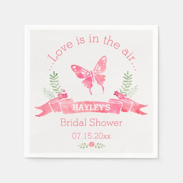 Chic Pink Watercolor Butterfly Girl Bridal Shower Paper Napkins (Front)