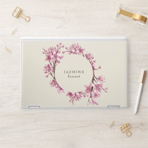 Chic Pink Watercolor Cherry Blossom Wreath HP Laptop Skin