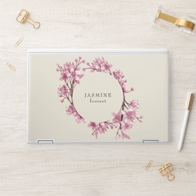 Chic Pink Watercolor Cherry Blossom Wreath HP Laptop Skin (Desk)