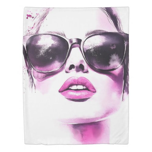 Chic Pink Watercolor Fashion Woman Sunglasses Duvet Cover