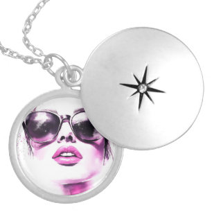 Chic Pink Watercolor Fashion Woman Sunglasses Locket Necklace
