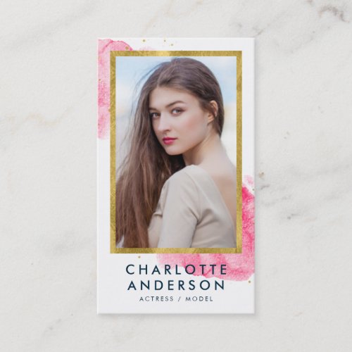Chic Pink Watercolor Faux Gold Headshot Photo Business Card