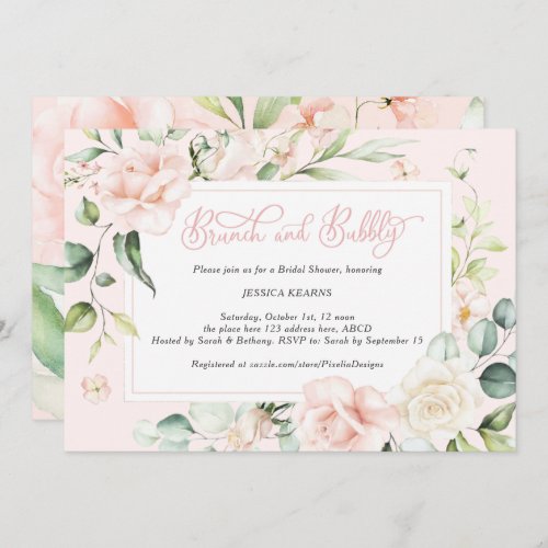 Chic pink watercolor floral brunch and bubbly  invitation